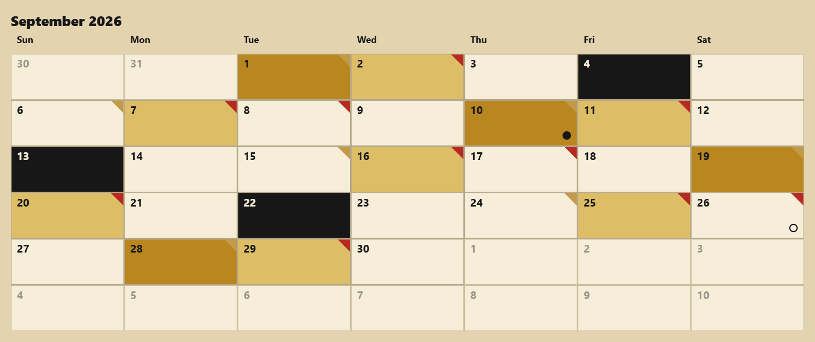 A month of the Calendar: each day painted gold, light gold, white or black for very lucky, lucky, ordinary or unlucky, with corner triangles marking the days that carry extra name-based context.