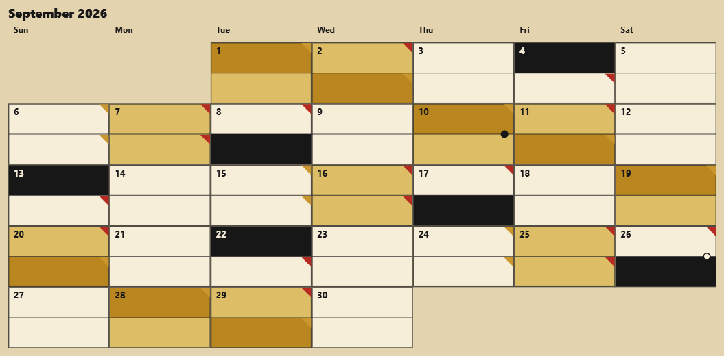 A month read for two people: every day split into two bands, the first person on top and the second below, so the days that suit both are the ones where the bands agree.